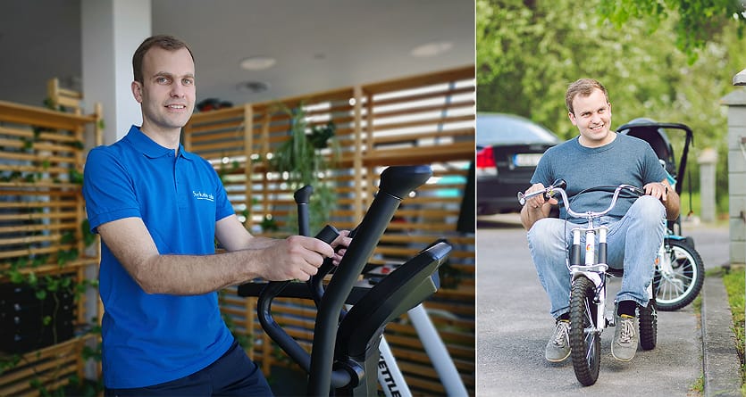 Dvi "Sveikatos salos" kliento Aleksandro nuotraukos (sporto salėje ir ant dviračio)